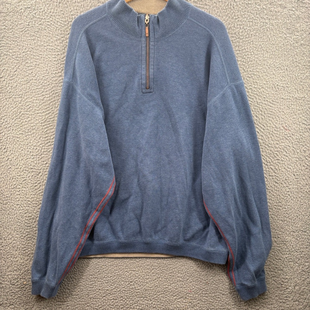 Tommy Bahama Sweater Men 3XL Blue 1/4 Zip Pullover Reversible Contrast Stitch